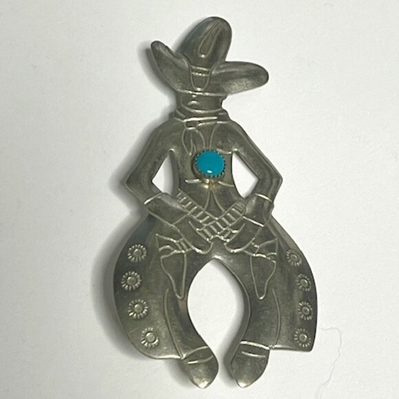 SilverTone Etched Metal Cowboy w/Hat Chaps Gun Brooch Pin Turquoise Stone2.75"